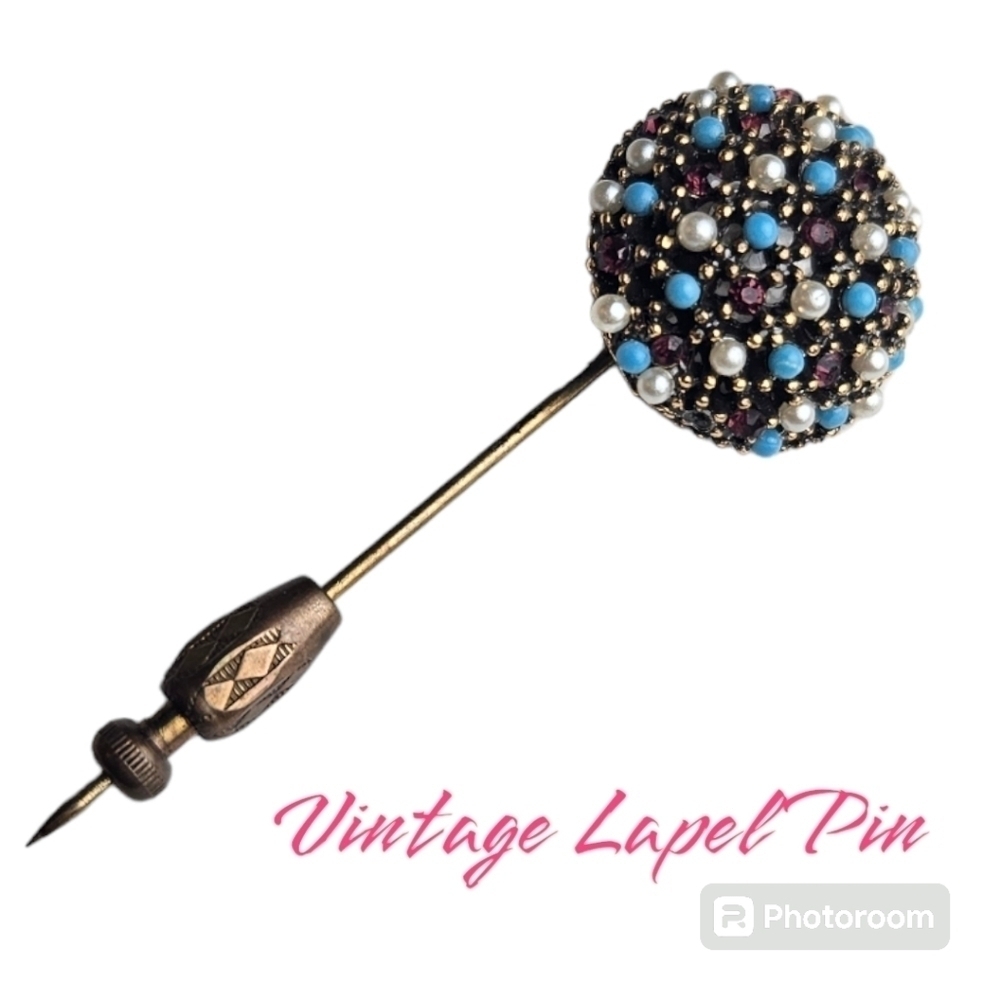 Vintage Lapel Pin or Hat Pin Domed Beaded & Crystals